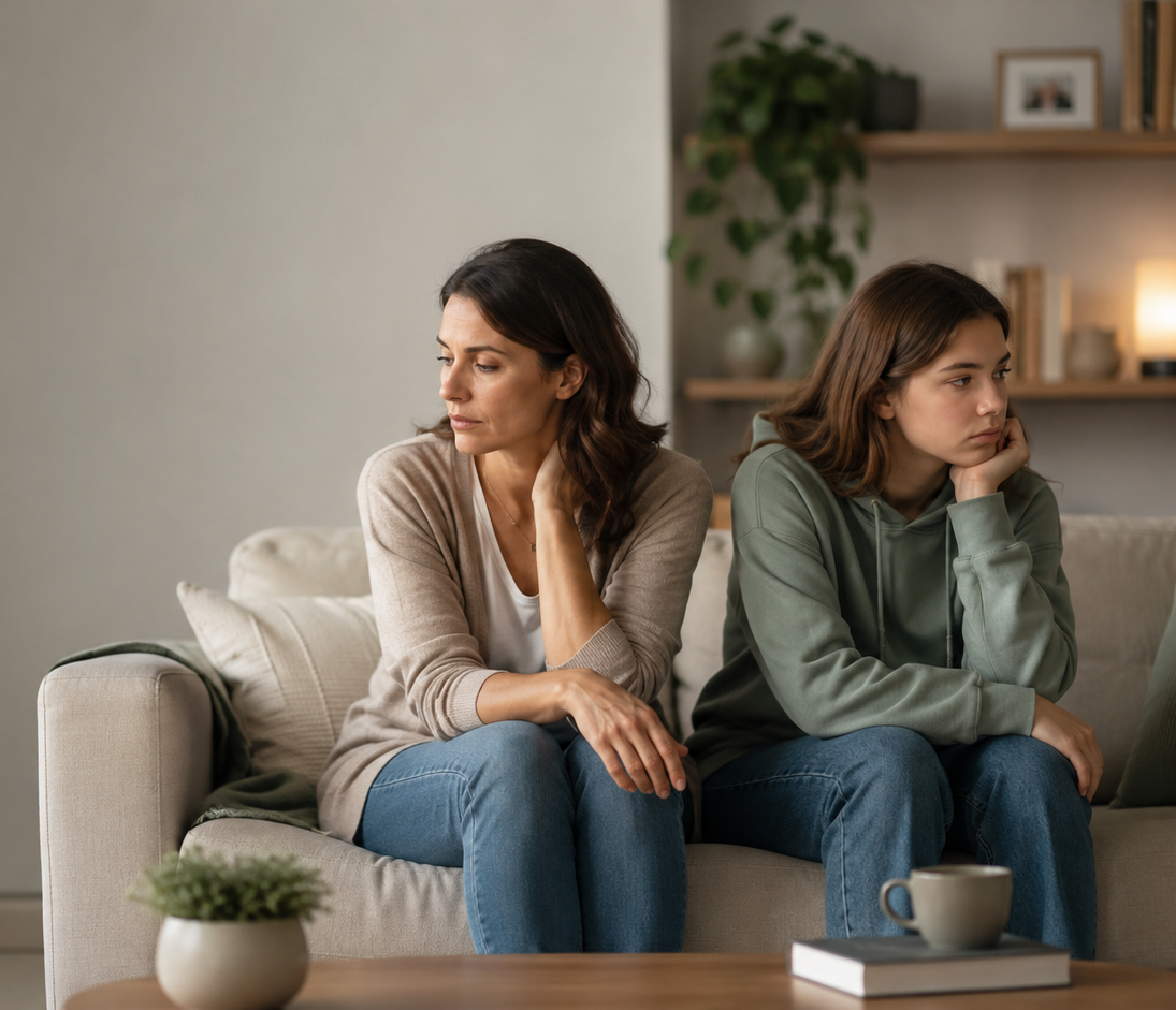 A parent and teen sitting apart on a couch, looking away from each other